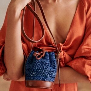 SÉZANE Blue Farrow Nano Raffia Leather Bucket Bag NEW
